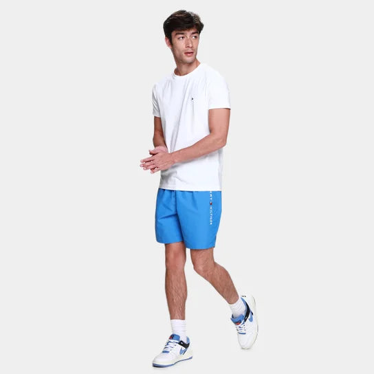 Short de Banho Tommy Hilfiger Masculino Long Drawstring com Logo Vertical Azul