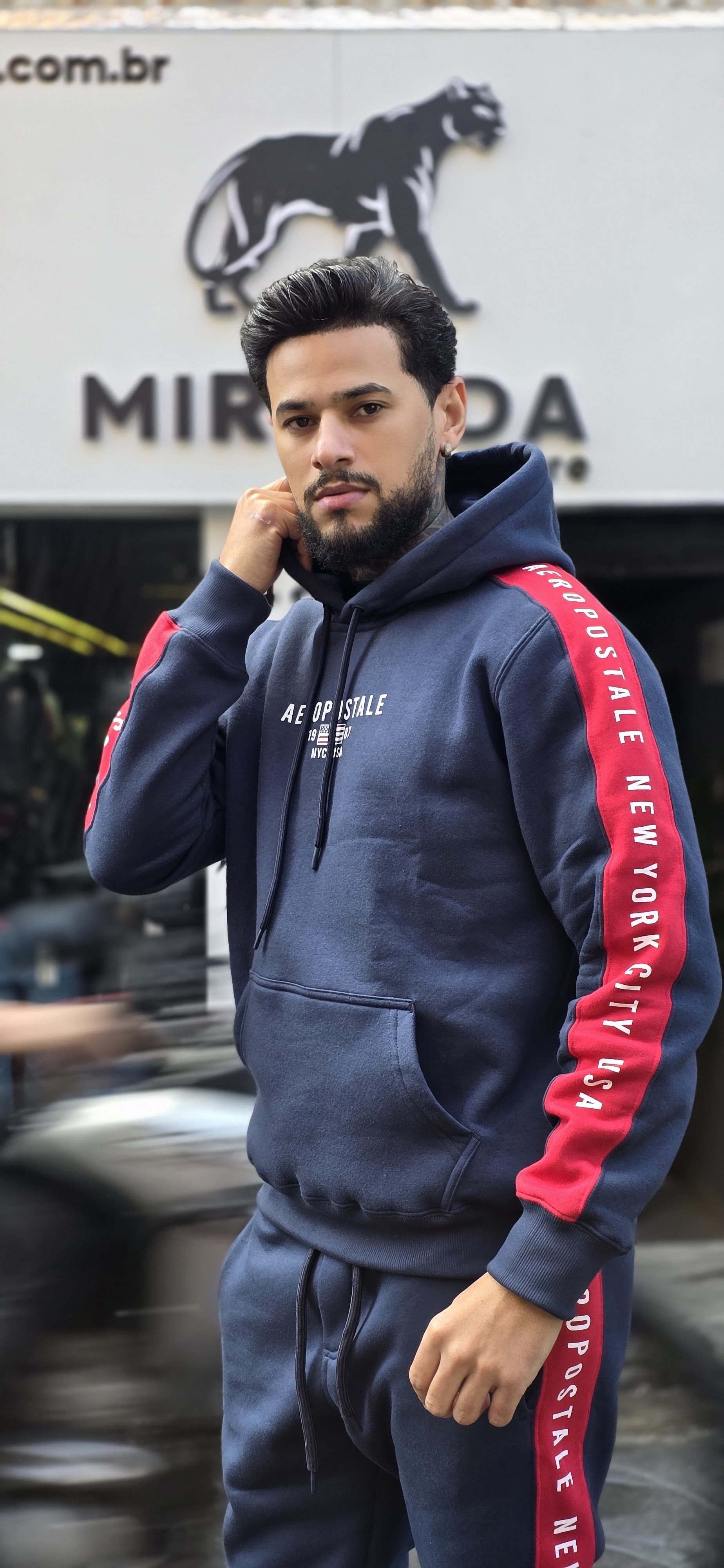 Conjunto de Moletom Aéropostale com Faixa Lateral - Azul Marinho.