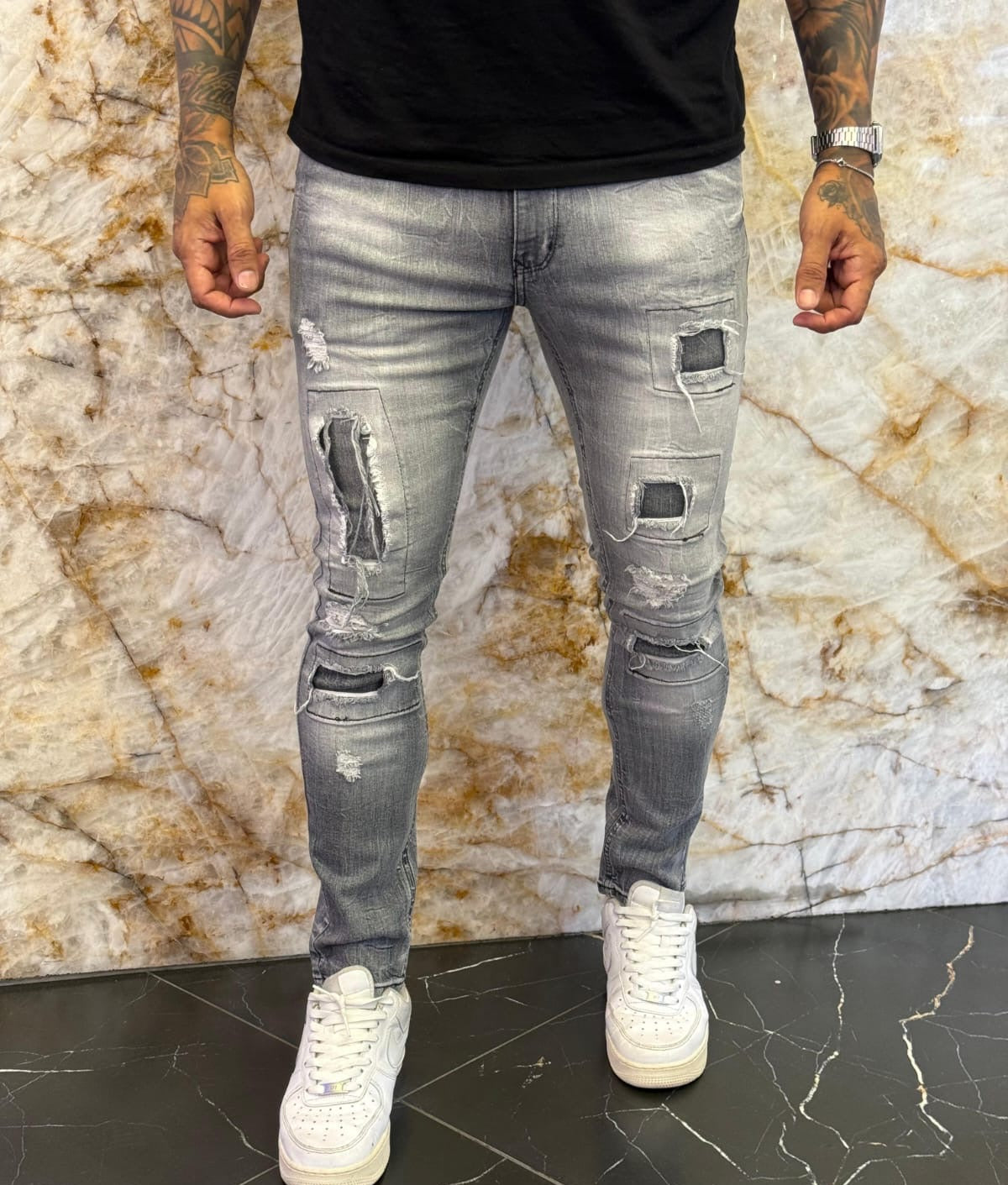 Calça Jeans Jogador City Denim Masculina Skinny Destroyed com Patches Cinza Estonado
