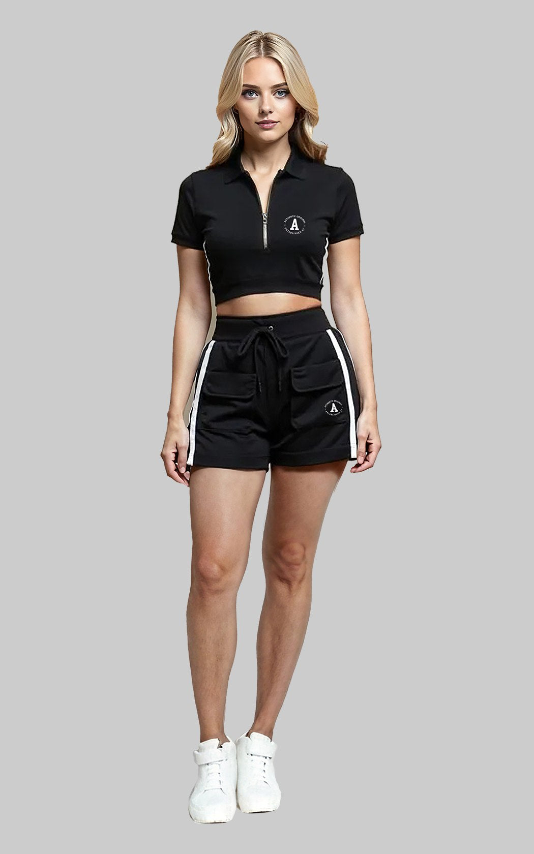 Conjunto Aéropostale Feminino Sport Chic: Polo Cropped com Zíper e Short Cargo Preto