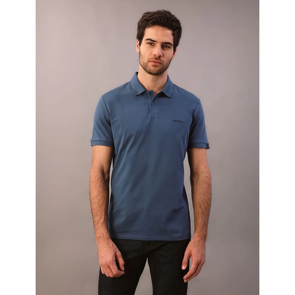 Camisa Polo Calvin Klein Masculina Azul Aço com Detalhe na Manga