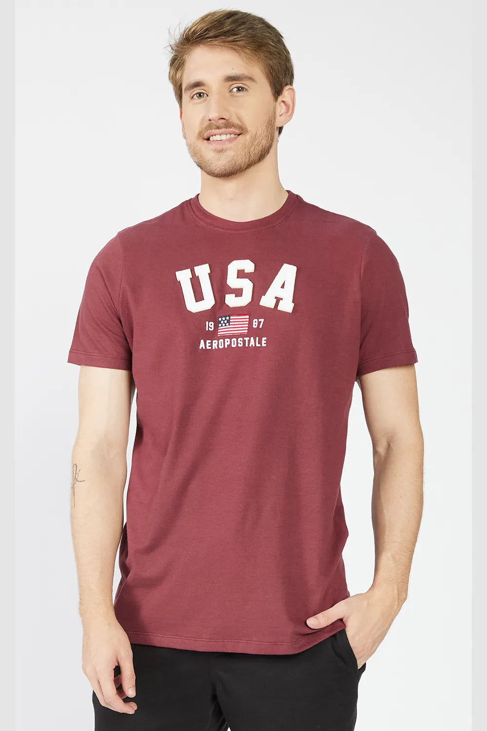 Camiseta Aéropostale de Malha Peletizada com Estampa USA - Bordô