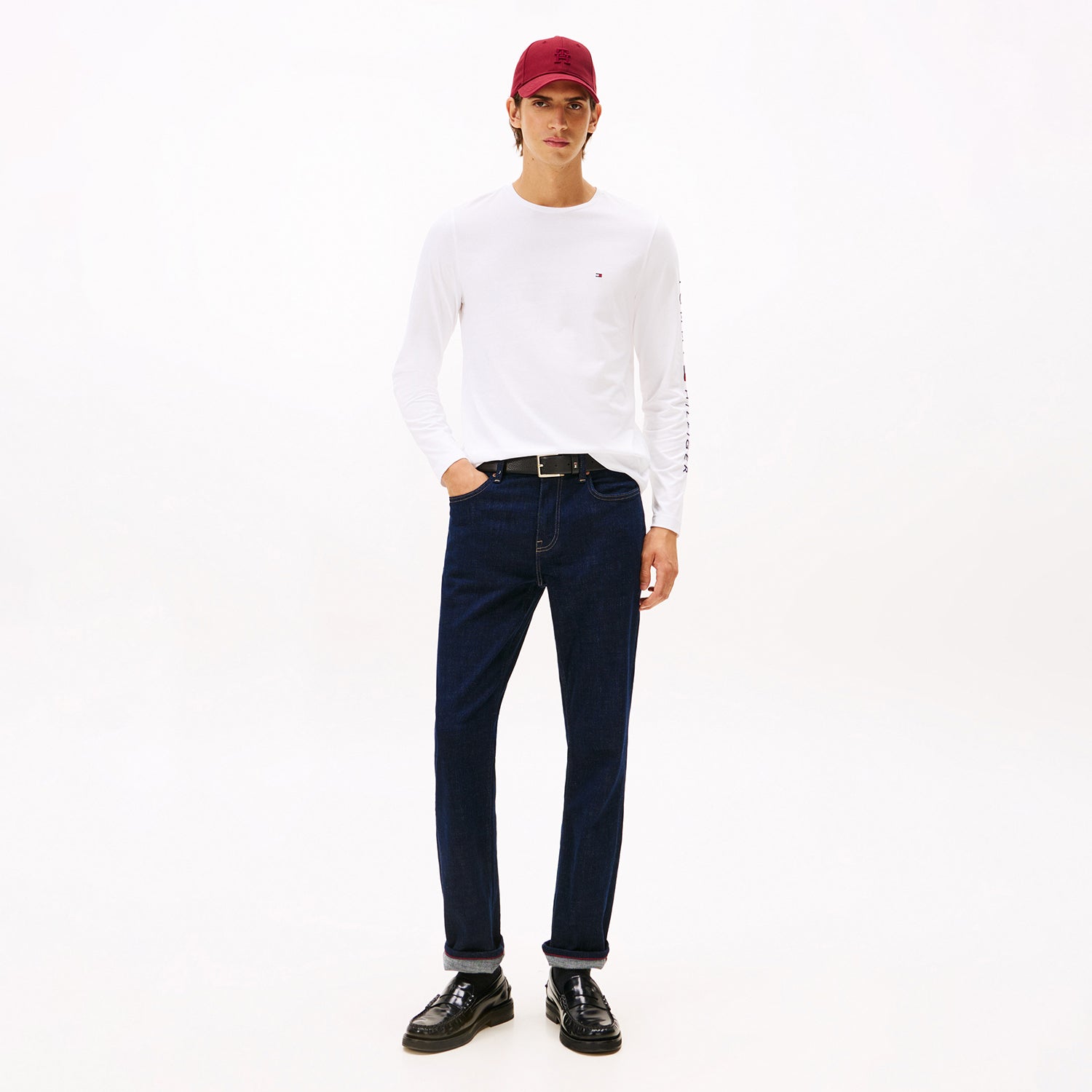 Camiseta Tommy Hilfiger Masculina Manga Longa com Logo na Manga Branca