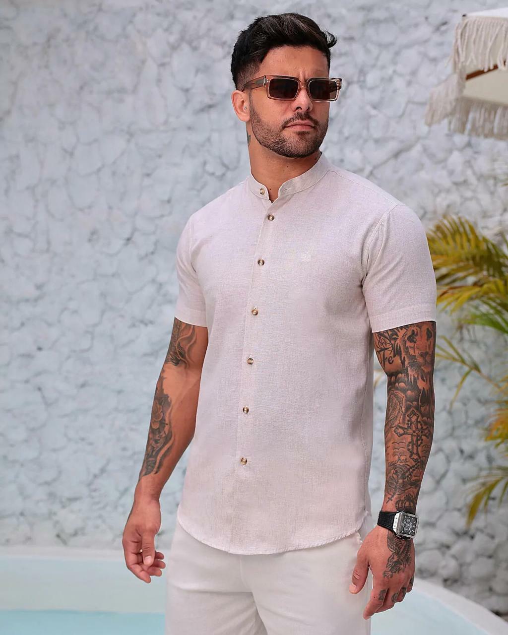 Camisa de Linho FB Manga Curta com Gola Padre - Natural