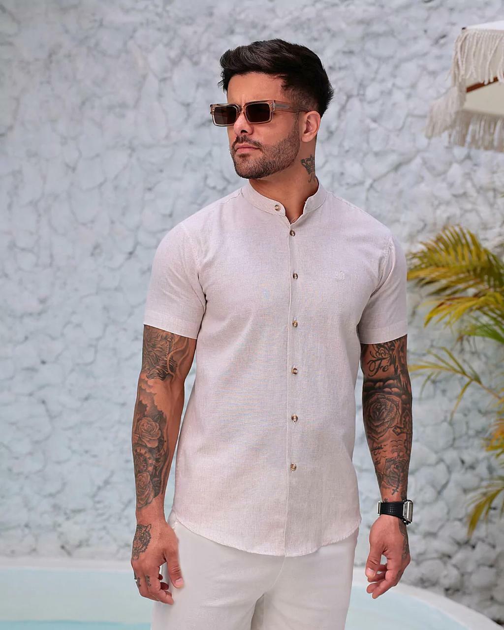 Camisa de Linho FB Manga Curta com Gola Padre - Natural