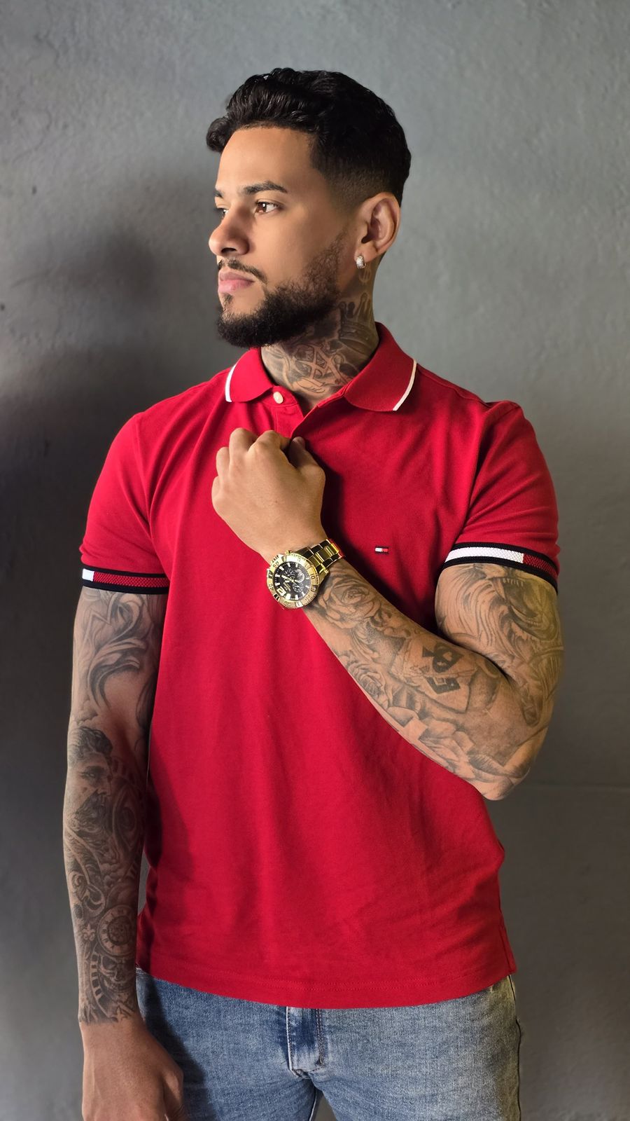 Polo Tommy Hilfiger Flag Cuff Slim Fit Vermelha em Algodão Orgânico