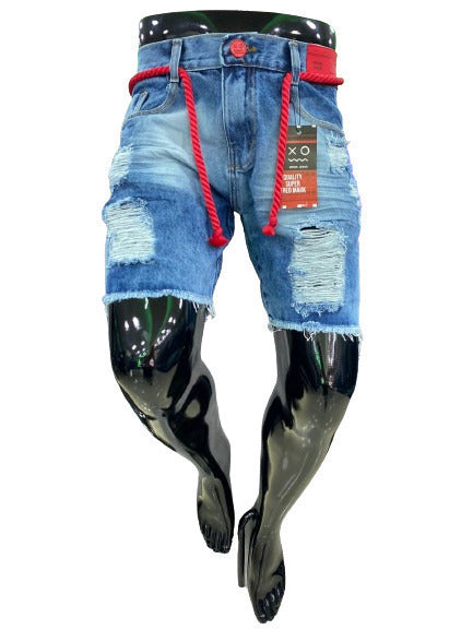 Bermuda Jeans Brow Jeans Destroyed com Cadarço Vermelho