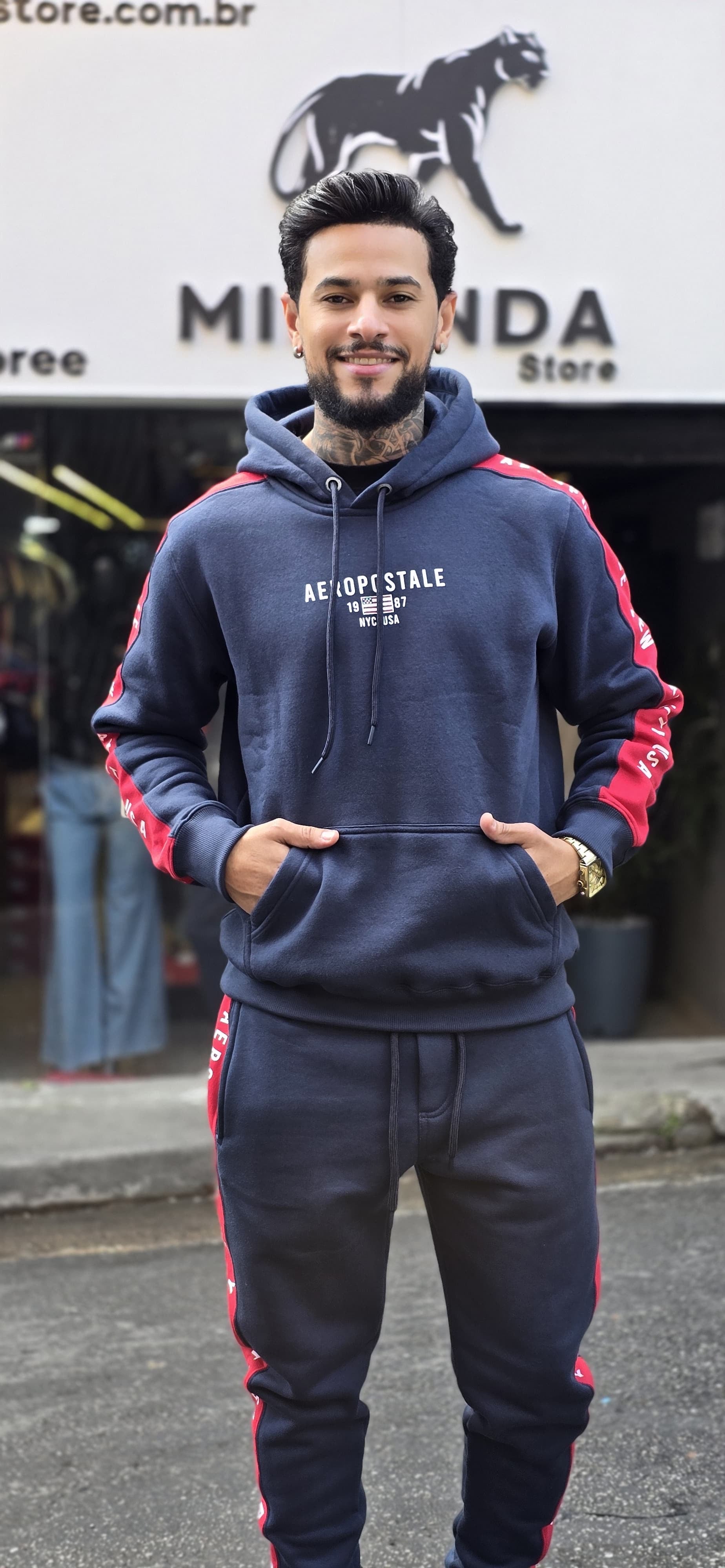 Conjunto de Moletom Aéropostale com Faixa Lateral - Azul Marinho.