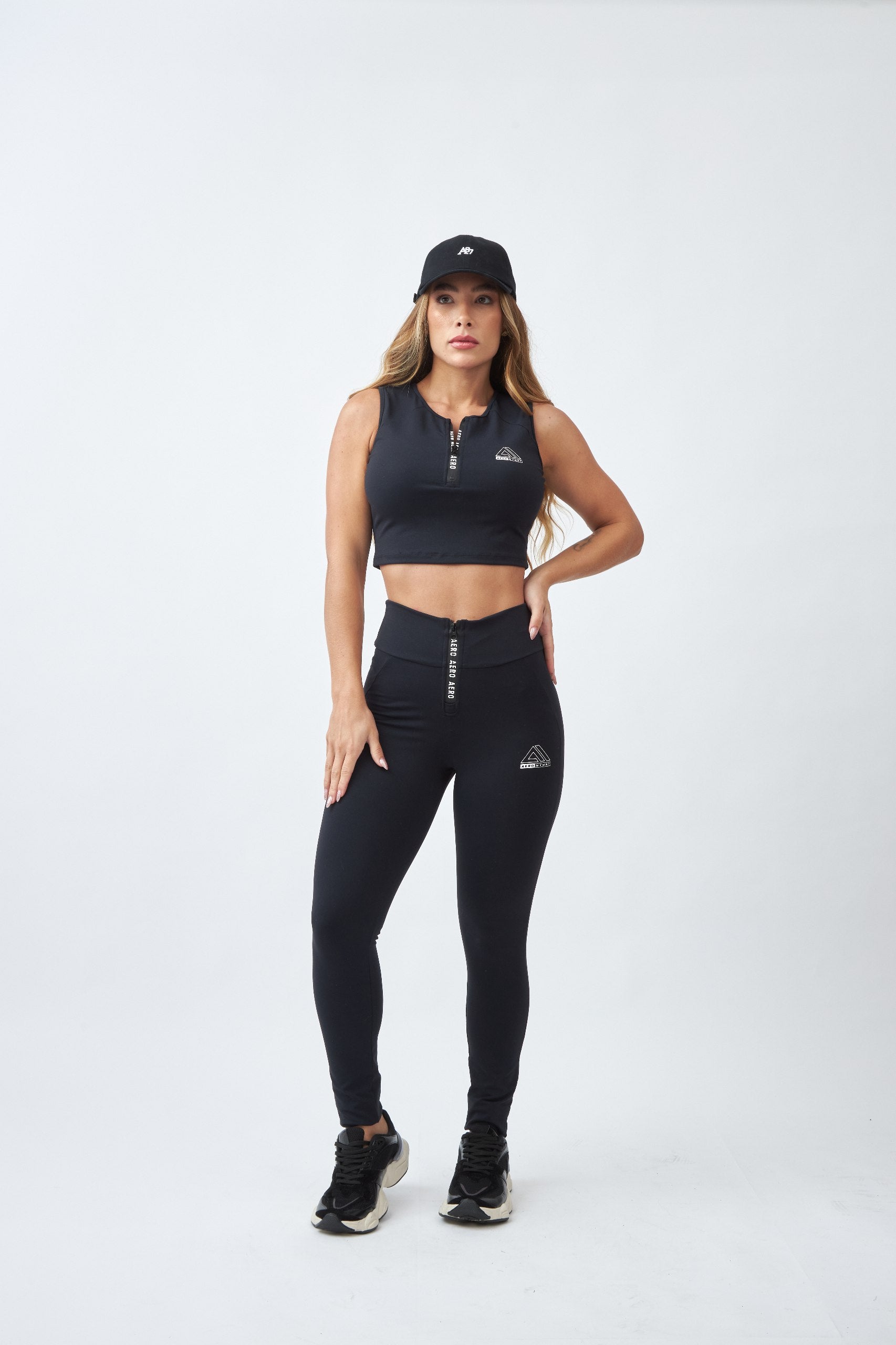 Conjunto Fitness Aéropostale Aero Movement Ribbed Canelado com Zíper Preto