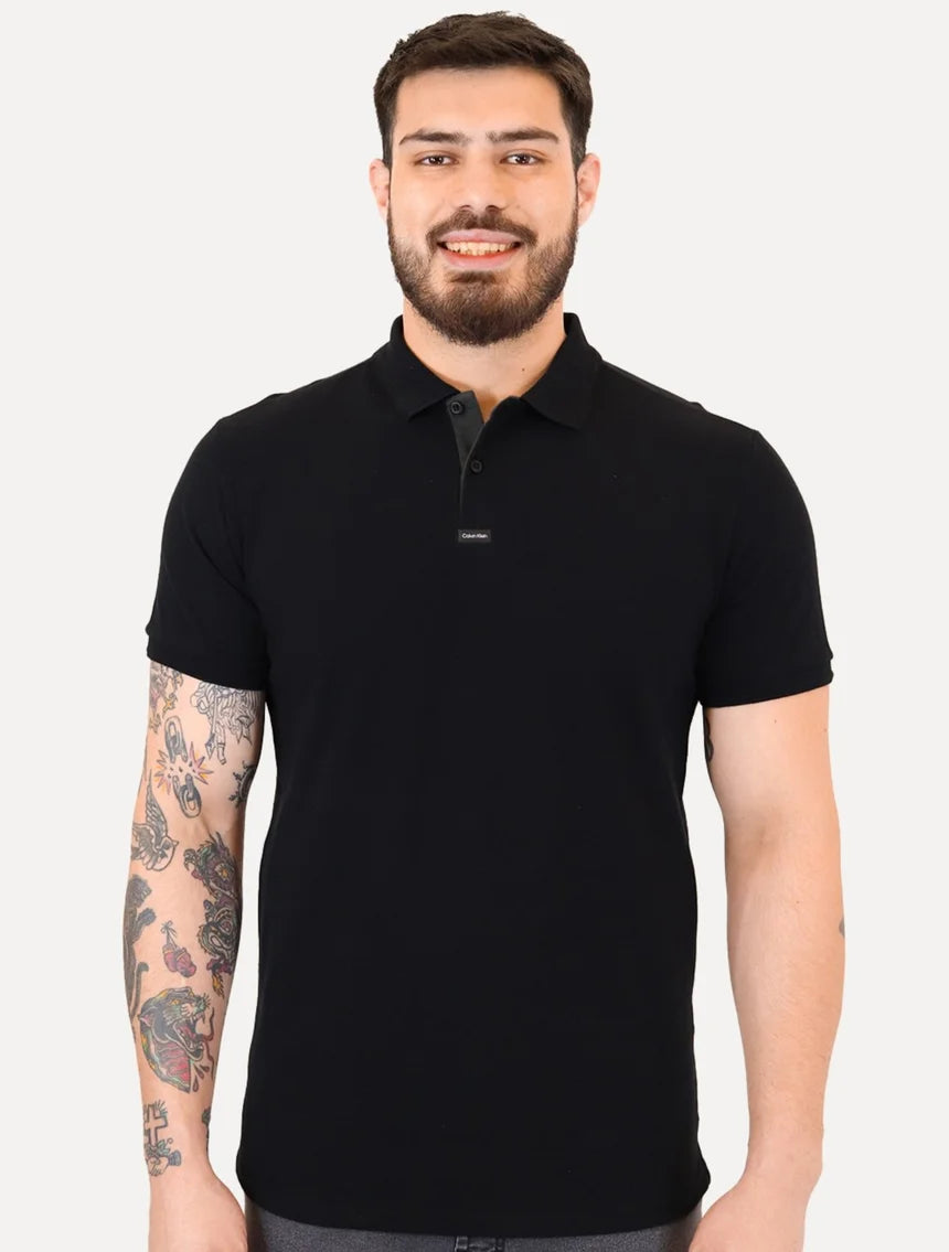 Camisa Polo Calvin Klein Masculina Piquet Preta Slim Center Rubber Premium