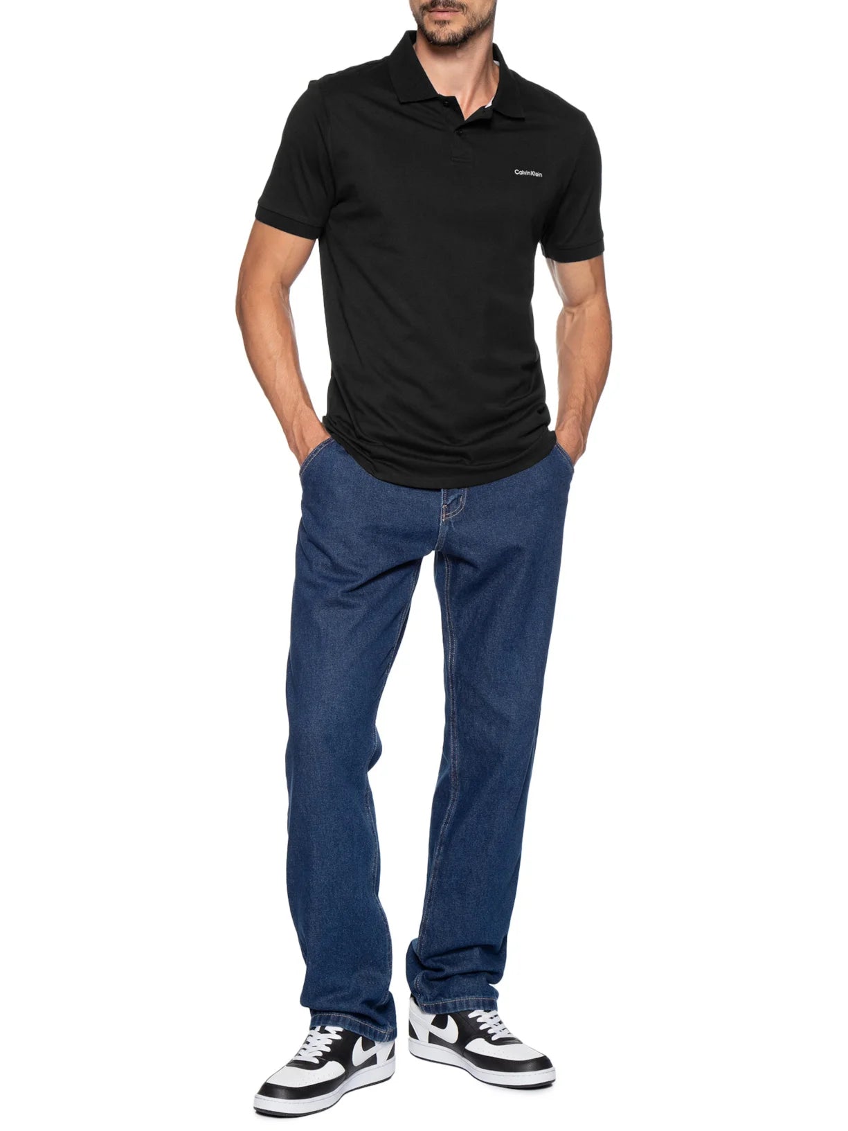 Camisa Polo Calvin Klein Masculina Básica Preta Logo Branco