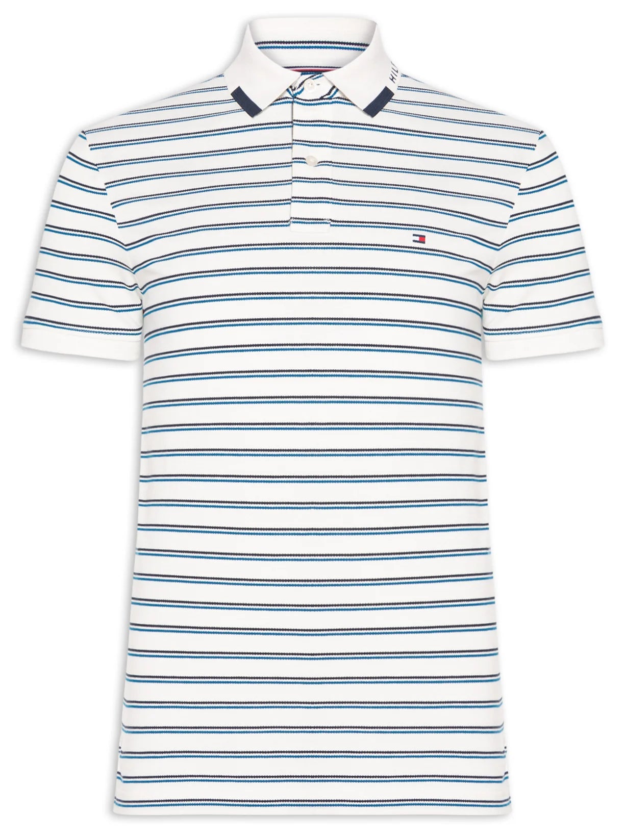 Camisa Polo Tommy Hilfiger Masculina Listrada Branca com Assinatura na Gola