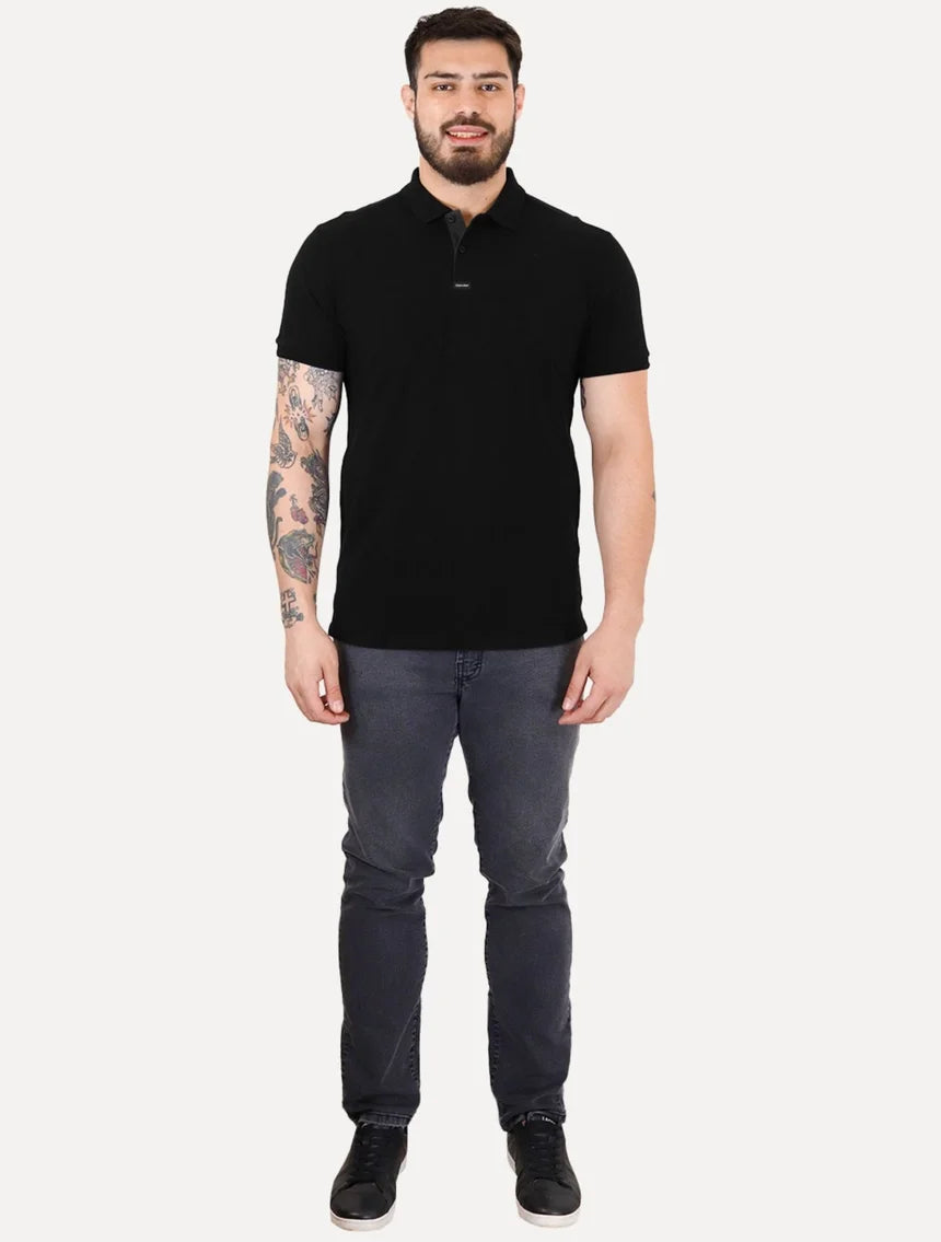 Camisa Polo Calvin Klein Masculina Piquet Preta Slim Center Rubber Premium