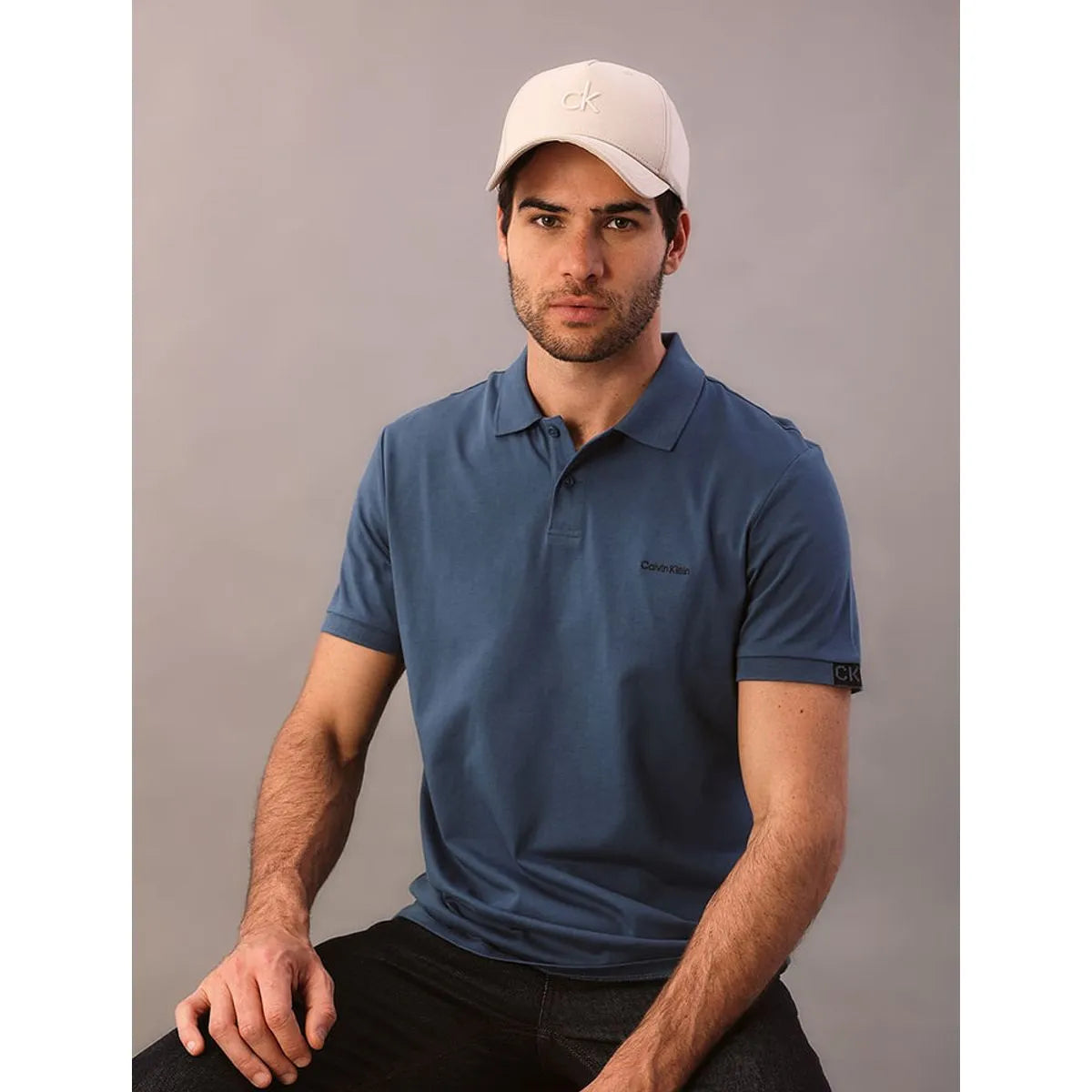 Camisa Polo Calvin Klein Masculina Azul Aço com Detalhe na Manga