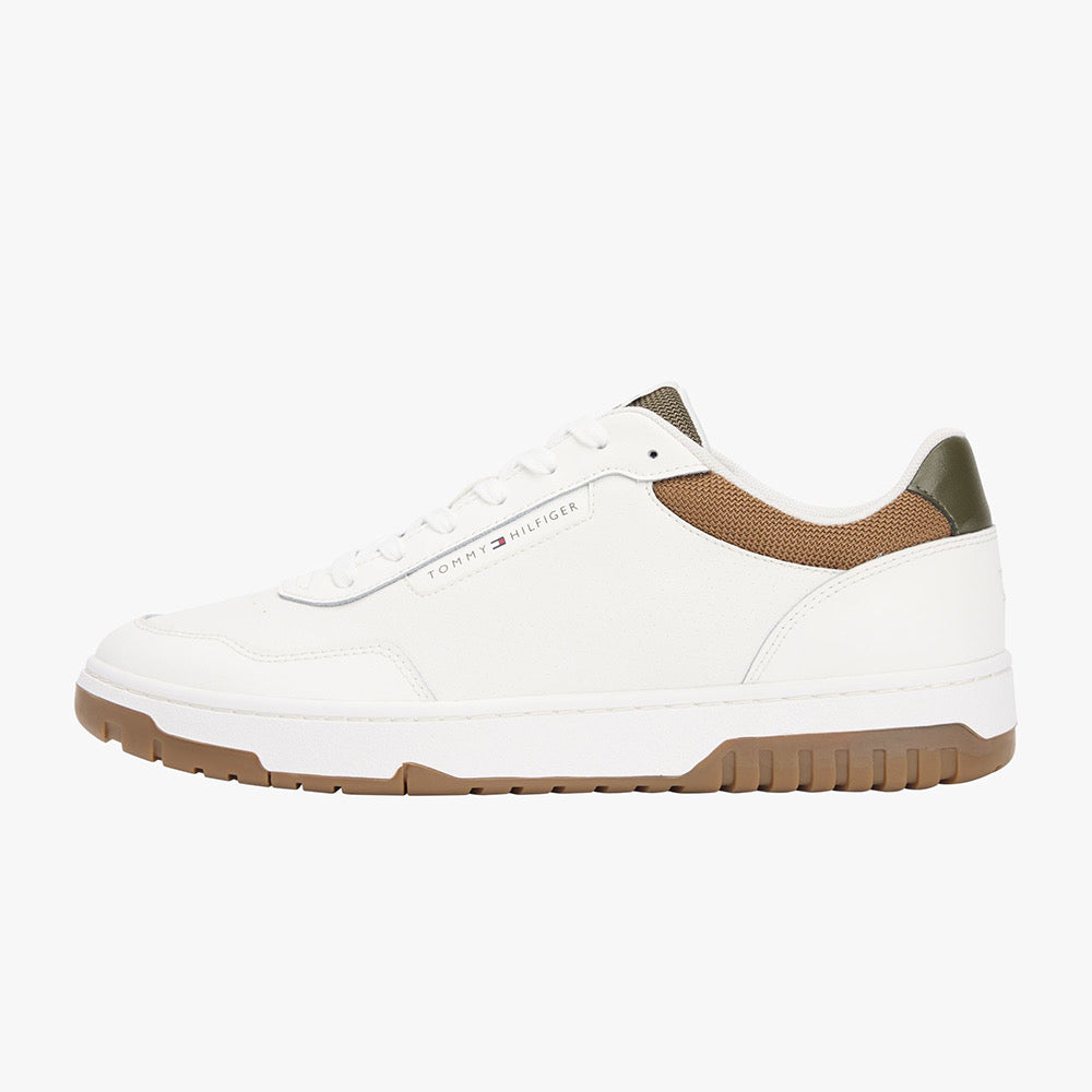 Tênis Tommy Hilfiger Masculino Court Leather Branco com Detalhes Caramelo