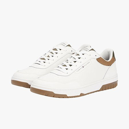 Tênis Tommy Hilfiger Masculino Court Leather Branco com Detalhes Caramelo