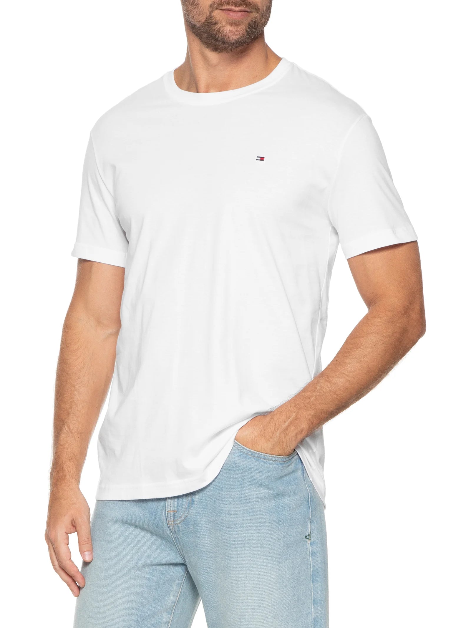 Camiseta Tommy Hilfiger Masculina Essencial com Logo Bordado Branca