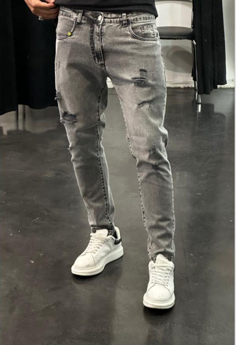 Calça Jeans Masculina Presence Skinny Cinza Claro Destroyed