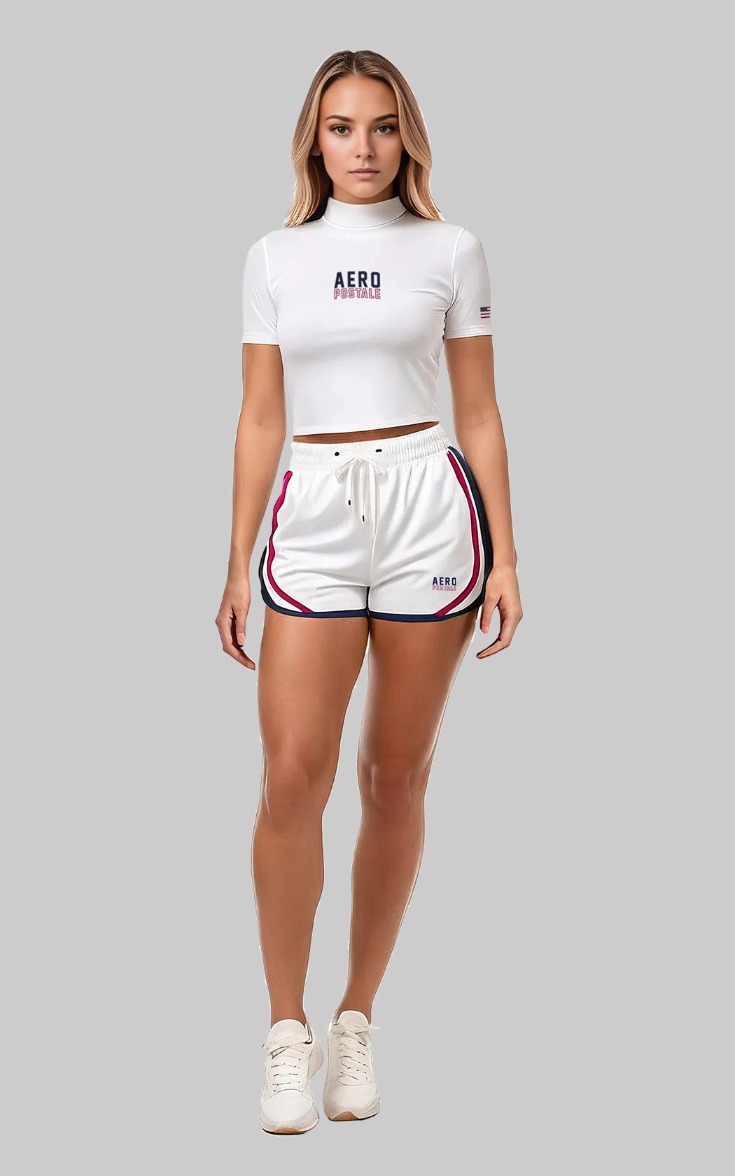 Conjunto Aéropostale Feminino Sport Retro: Cropped Gola Alta e Short Dolphin Branco