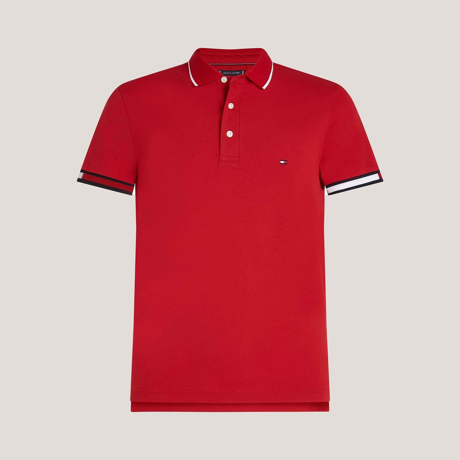 Polo Tommy Hilfiger Flag Cuff Slim Fit Vermelha em Algodão Orgânico