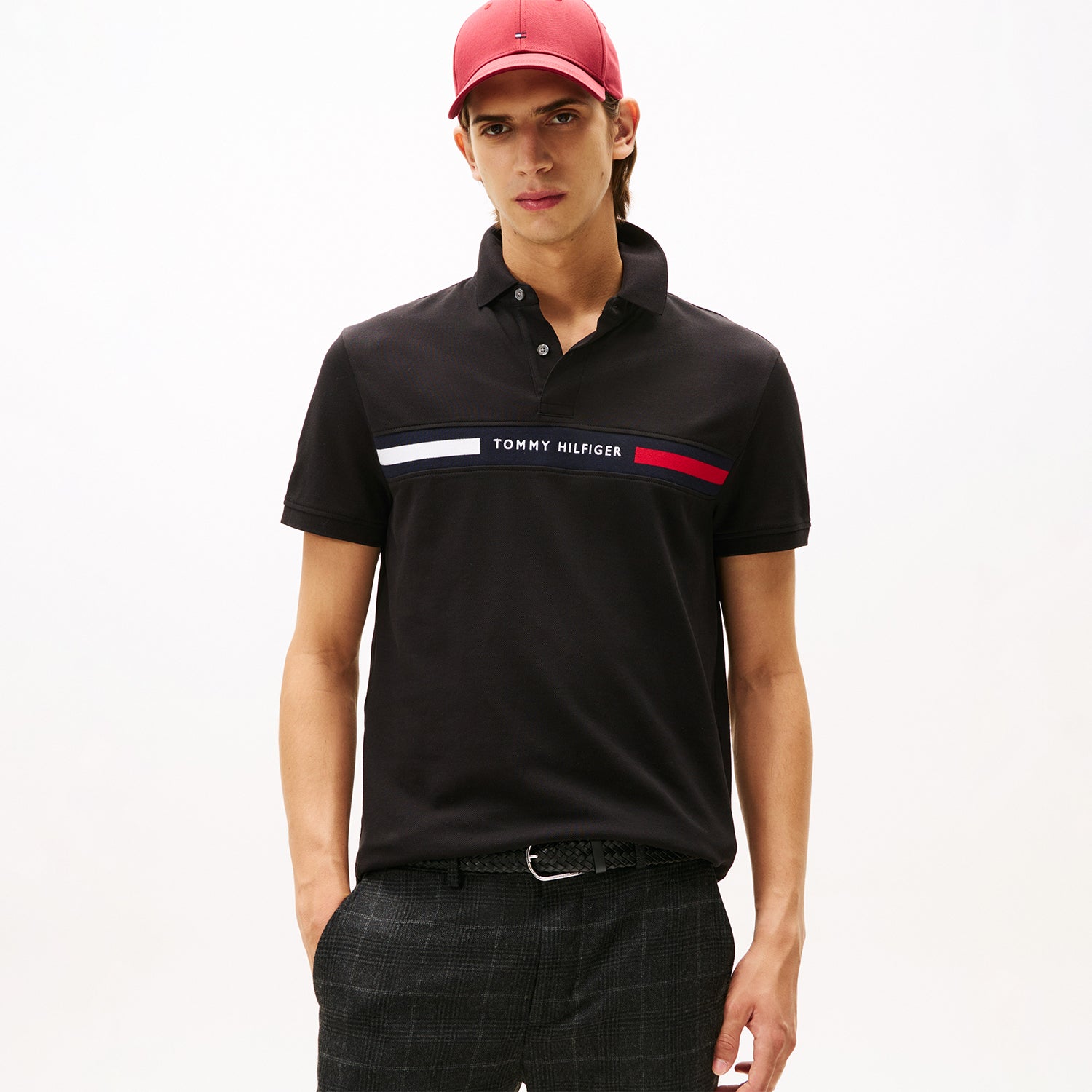 Camisa Polo Tommy Hilfiger Masculina Regular Fit com Faixa Frontal Preta