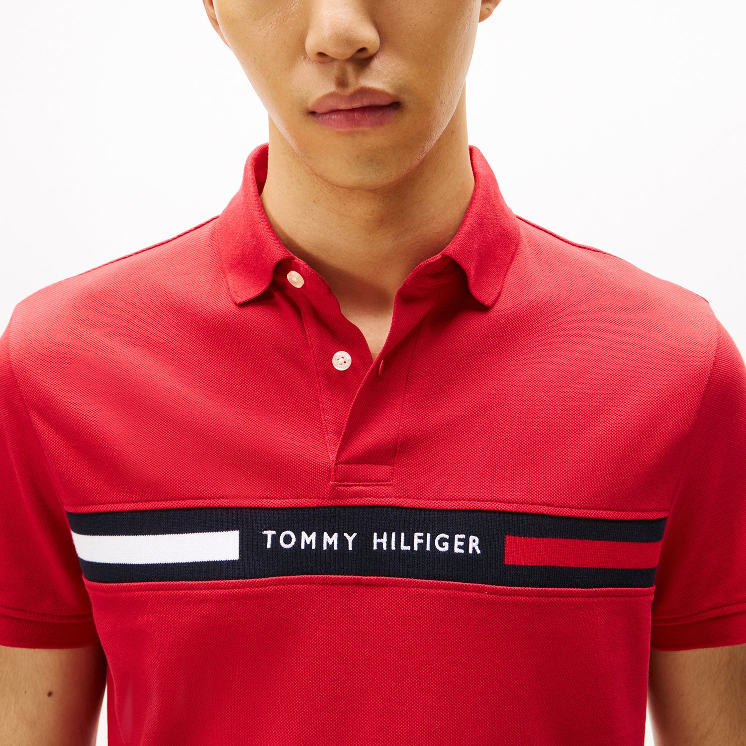 Camisa Polo Tommy Hilfiger Masculina Regular Fit com Faixa Frontal Vermelha