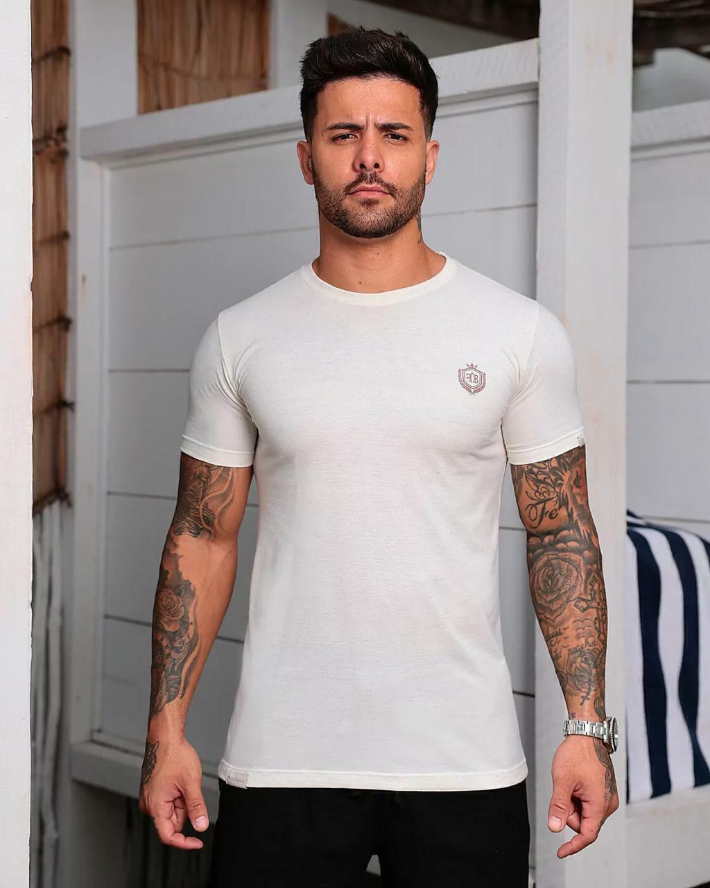 Camiseta de Malha de Linho FB Slim Fit com Brasão - Natural