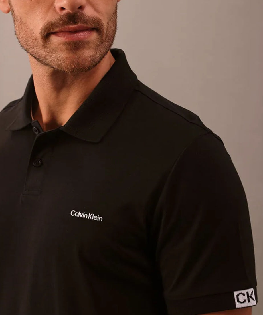 Polo Masculina Calvin Klein Manga Curta Logo Silver Jersey Preto