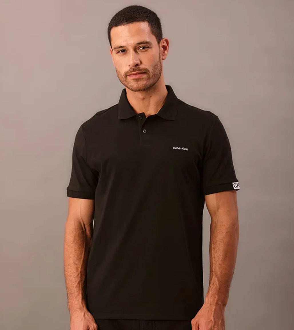 Polo Masculina Calvin Klein Manga Curta Logo Silver Jersey Preto