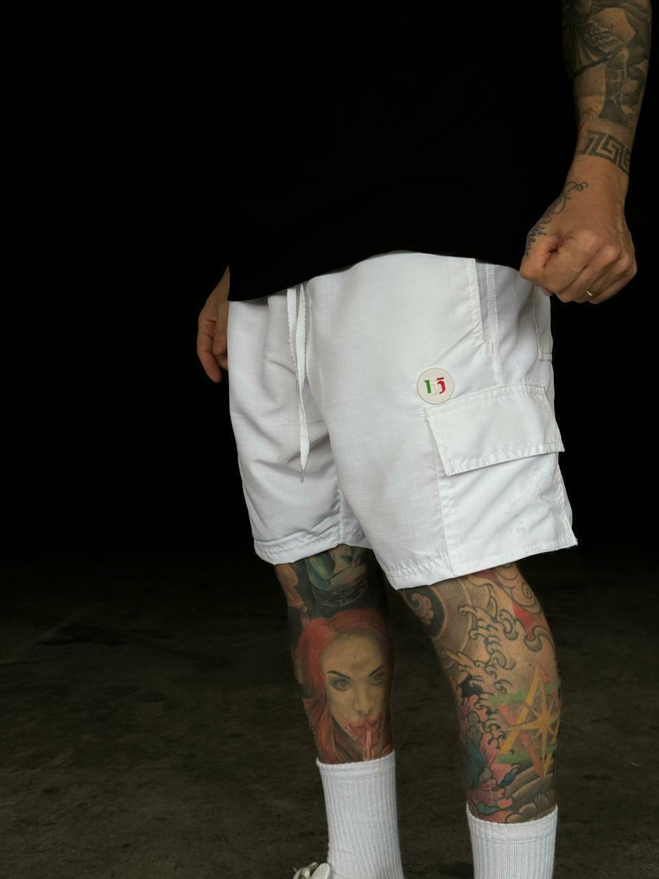 Shorts Cargo Mafiuso em Tecido Ripstop Branco com Patch Logo Itália